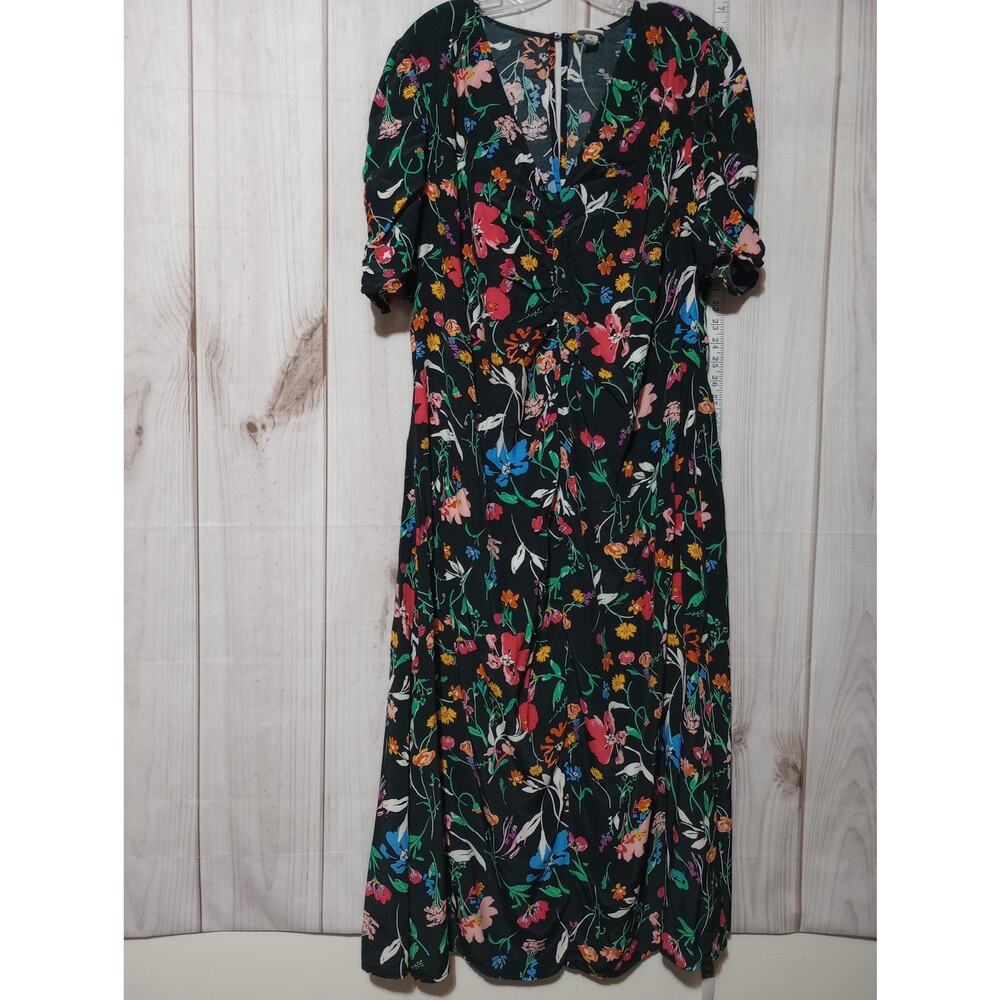 A New Day Dress Womens 1X Floral Midi Puff Sleeve Pockets Rayon Spring Boho
